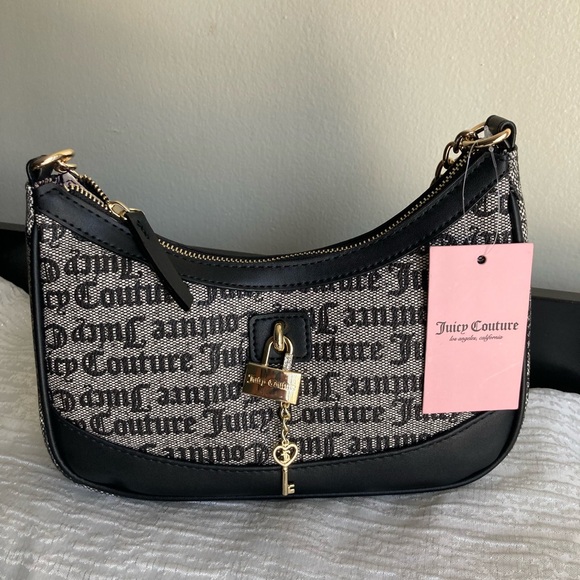 Juicy Couture Black and Cream Shoulder Bag with Monogram Design